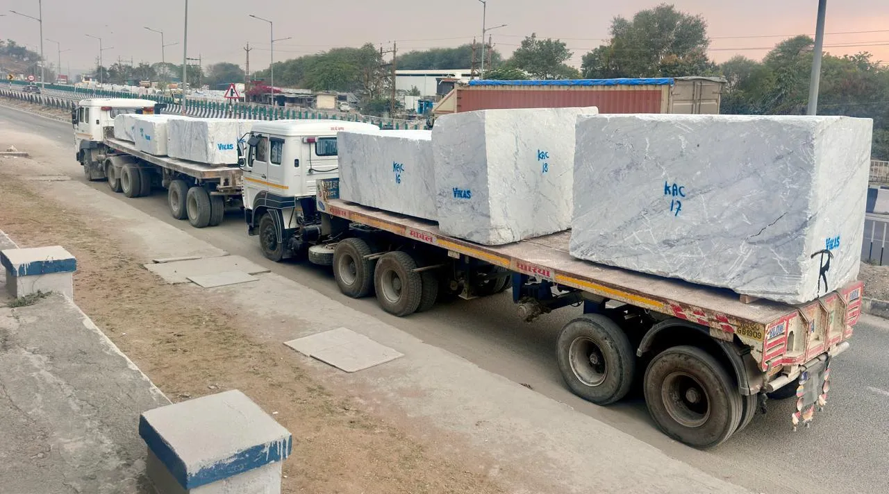 Marble blocks loaded for export logistics Rajsamand